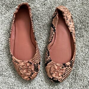 Tory Burch Coral Snakeskin Flats